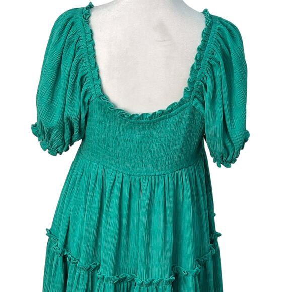 Easel Puff Sleeve Tiered Mini Babydoll Dress Green Small Flowy Romantic Boho NWT - Picture 10 of 13